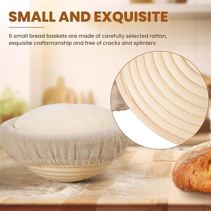 5 Inch Banneton Bread Proofing Basket Set of 6, Kikcoin Mini Sourdough Bread Baking Supplies, Small