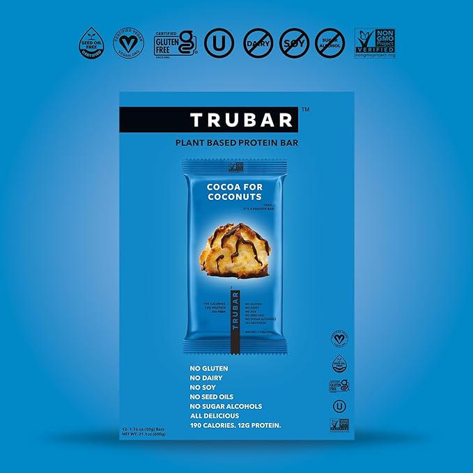 TRUBAR Vegan Protein Bar, Cocoa For Coconuts, Gluten Free, Plant Based Protein, Dairy Free, Non