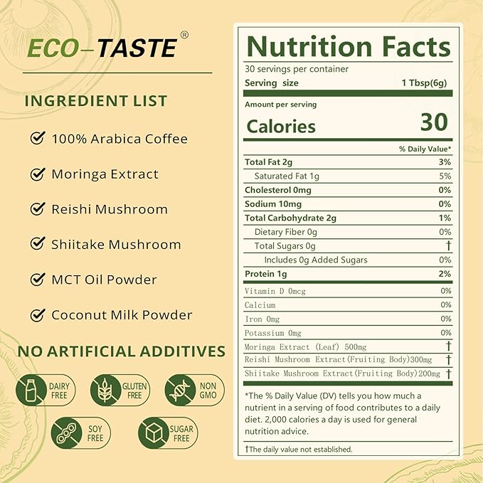 Moringa Mushroom Coffee Infused with Reishi, Moringa & Shiitake - 30% Beta-Glucans, Nutrient-rich