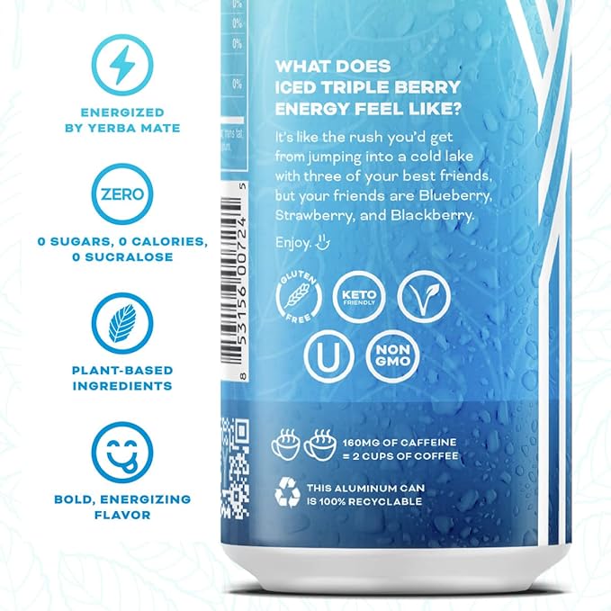 Yerbaé Energy Beverage - Iced Triple Berry, 0 Sugar, 0 Calories, 0 Carbs, Energized by Yerba Mate.