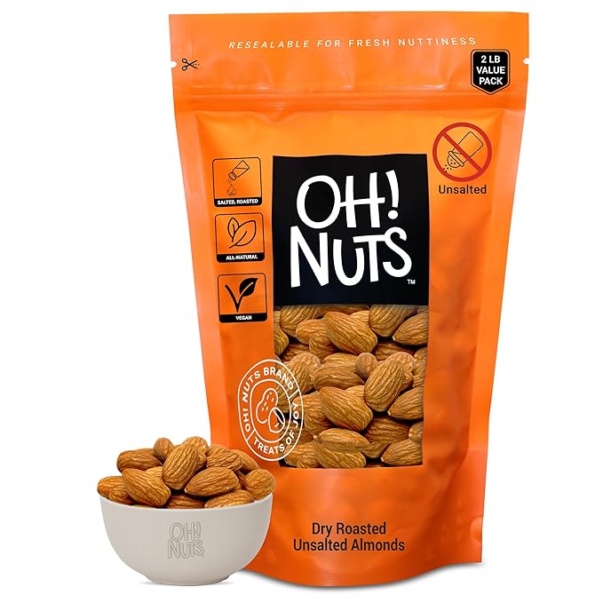 Oh! Nuts Almonds - Roasted Unsalted - 2 lb - Packed in New York Zip-Seal Bag for Exceptional
