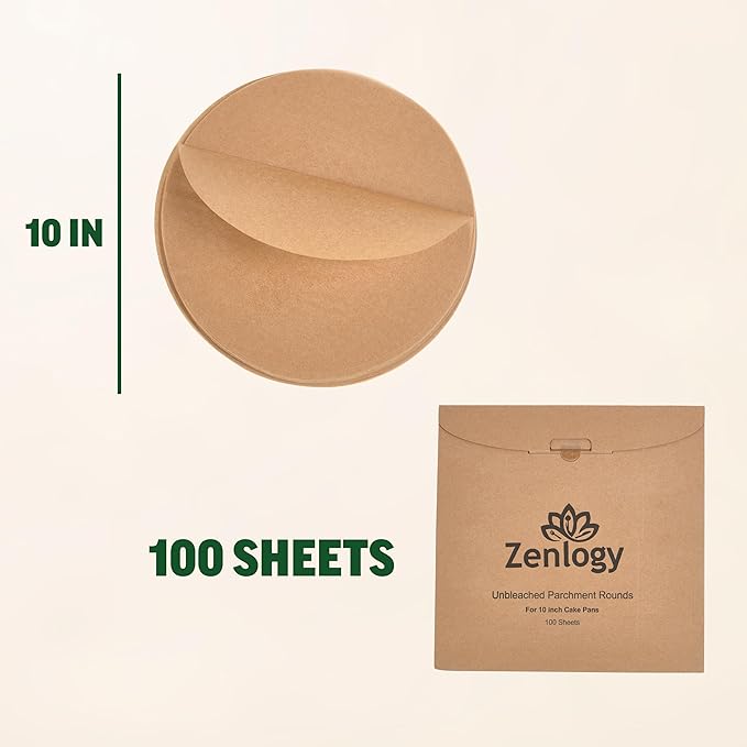 Zenlogy 10 Inch Parchment Paper Rounds (100 Sheets) - Unbleached, Pre-cut, High Heat, Round Liners