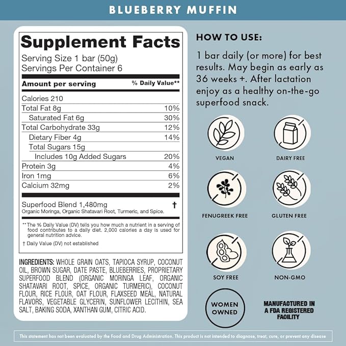 Boobie Bar Superfood Blueberry Muffin Lactation Bar for Breastfeeding Moms to Increase Milk Supply