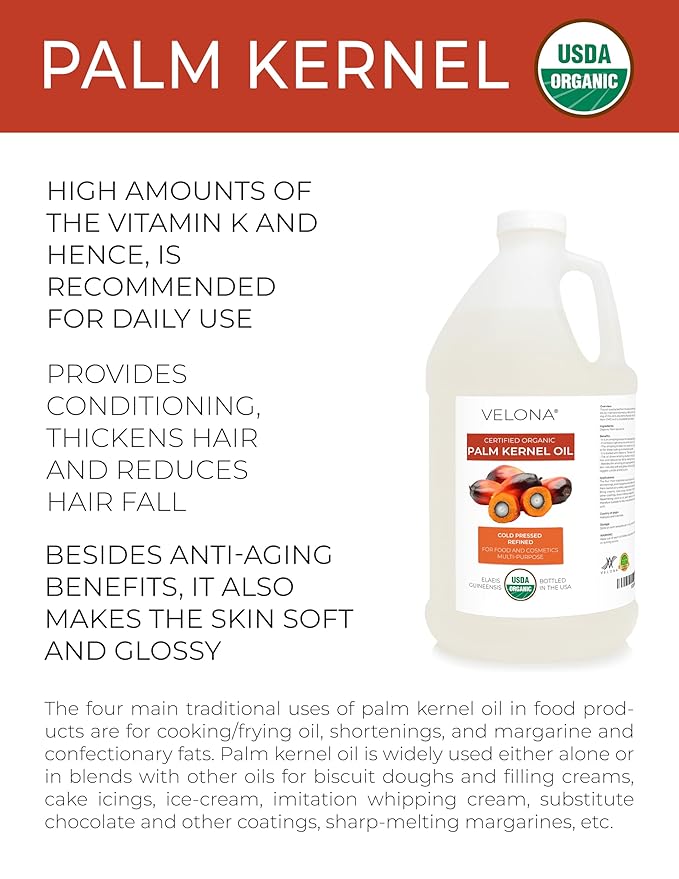 velona USDA Certified Organic Palm Kernel Oil - 1 Gallon / 128 Fl Oz | 100% Pure and Natural