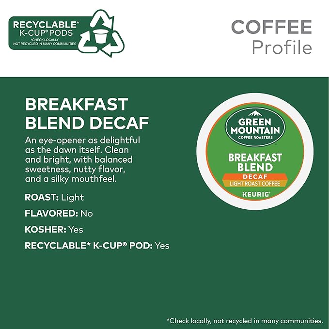 Green Mountain Coffee Roasters Breakfast Blend Decaf Coffee, Keurig Single Serve K-Cup pods, Light