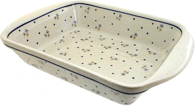 Blue Rose Polish Pottery - Off-white Country Meadow Large Rectangular Baker with Handles - 9" x