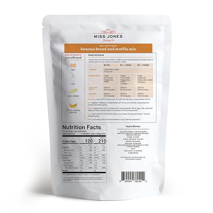 Miss Jones Baking Banana Bread & Muffin Mix - Whole Grains, 50% Lower Sugar, Real Banana, Vegan