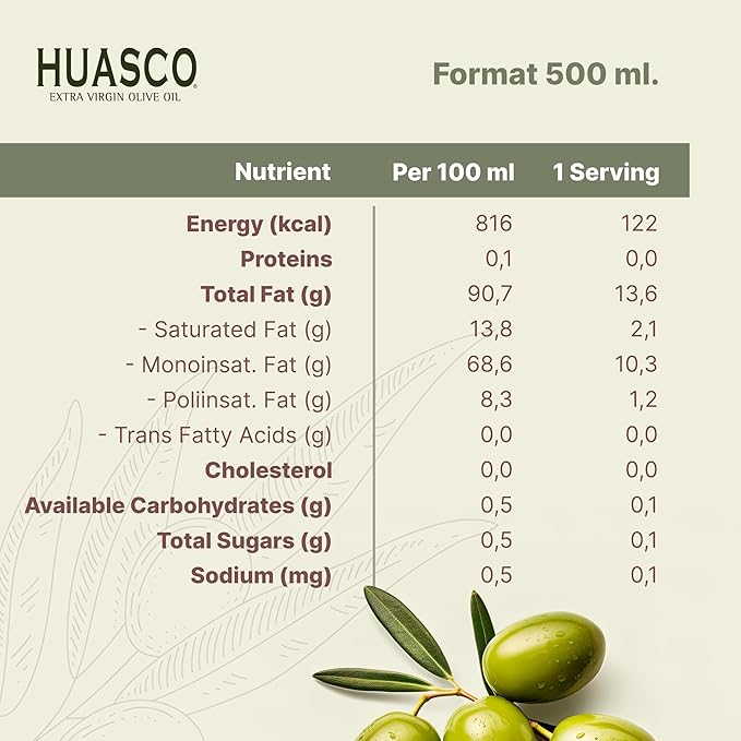 Extra Virgin Olive Oil by HUASCO |First Cold Press - From Chile, 16.9 Fl Oz (500 Ml)