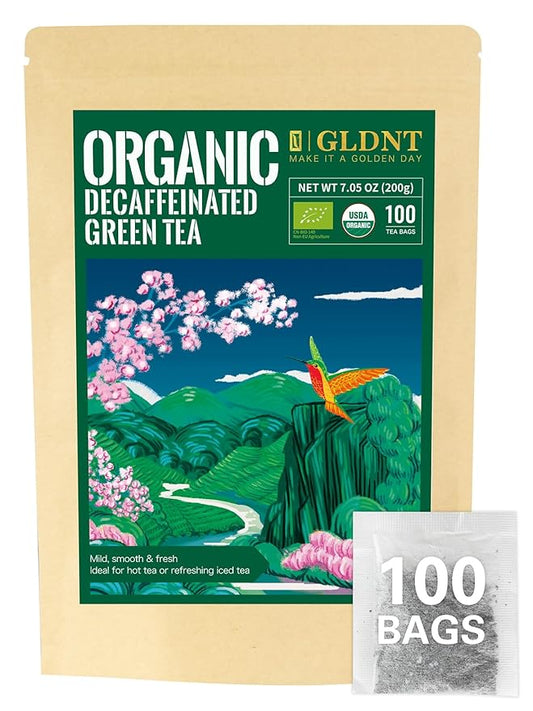 GLDNT Organic Decaf Green Tea Bags, Organic Green Tea Decaffeinated, Smooth Flavor, Super