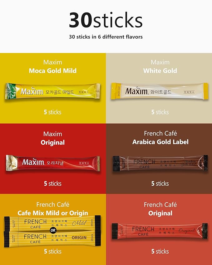 CUTIE MANGO Maxim French Premium Korean Instant Coffee Mix Sampler 6 Flavors Assortment Café Style