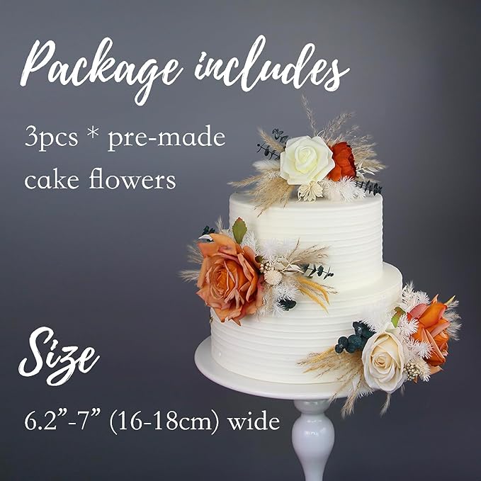 Rinlong 3-Piece Boho Chic Cake Toppers: Terracotta & Beige Silk & Dried Eucalyptus Flowers for