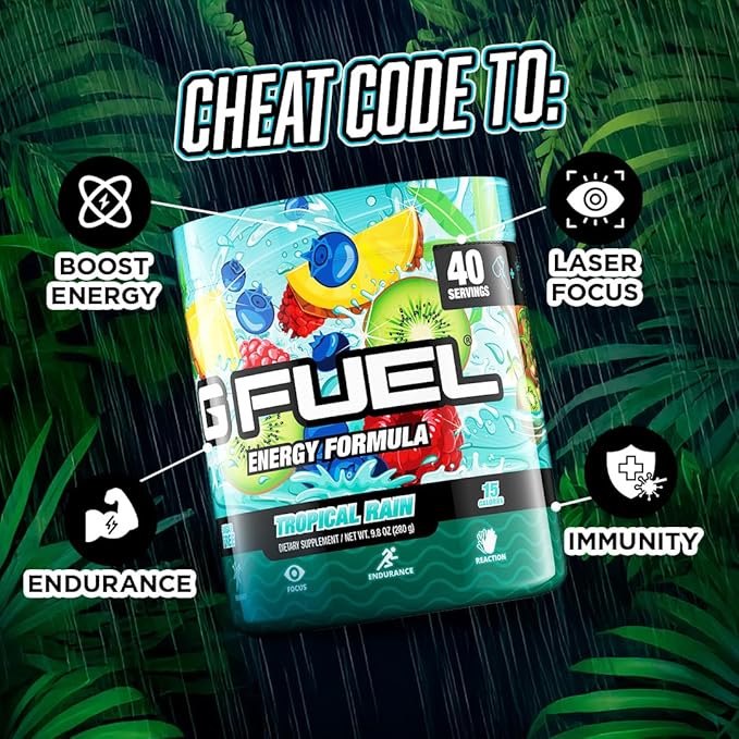 G Fuel Tropical Rain Energy Drink Powder, Pre Workout Caffeine Mix for Gaming, Sugar Free Focus