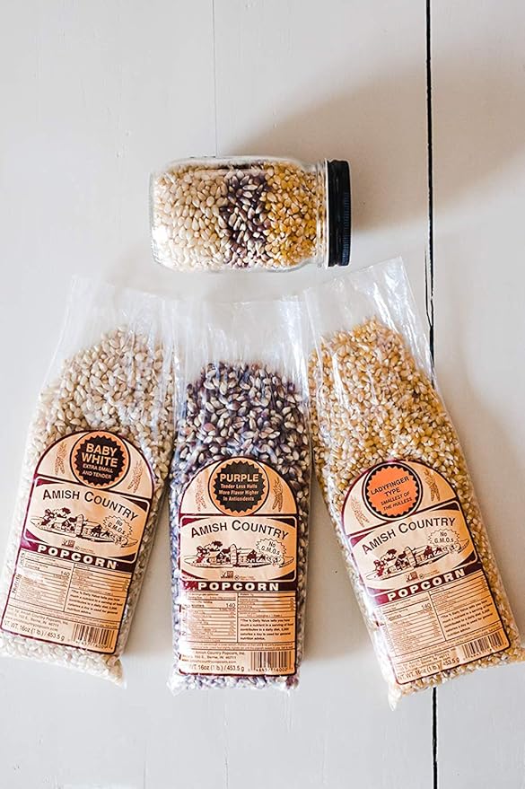 Amish Country Popcorn | Variety Bundles - 3 (1 Lb Bags - Baby White, Ladyfinger, Purple Kernels) |