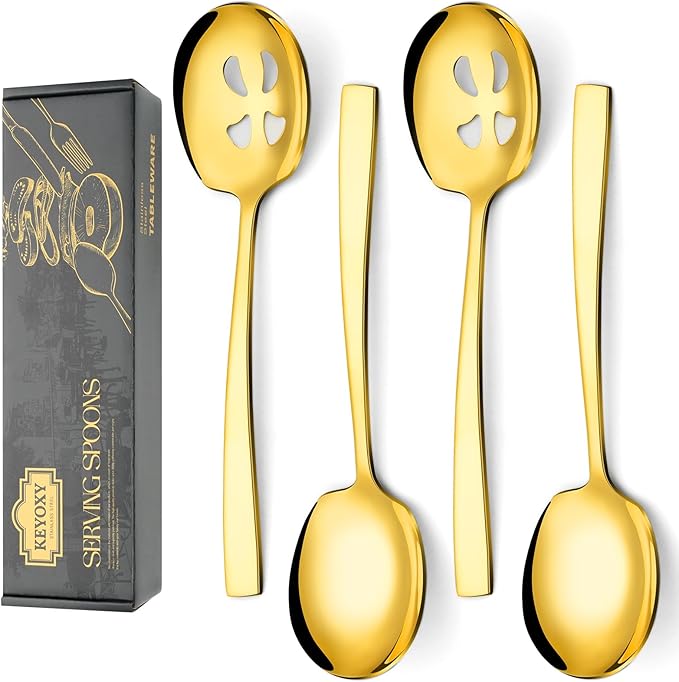 4 Piece Stainless Steel Serving Spoons Set - 2 Large, 2 Slotted, 9.2-Inch, Dishwasher Safe, for