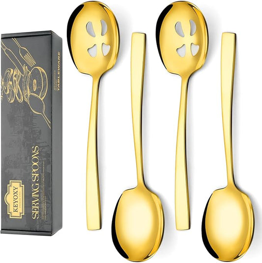 4 Piece Stainless Steel Serving Spoons Set - 2 Large, 2 Slotted, 9.2-Inch, Dishwasher Safe, for