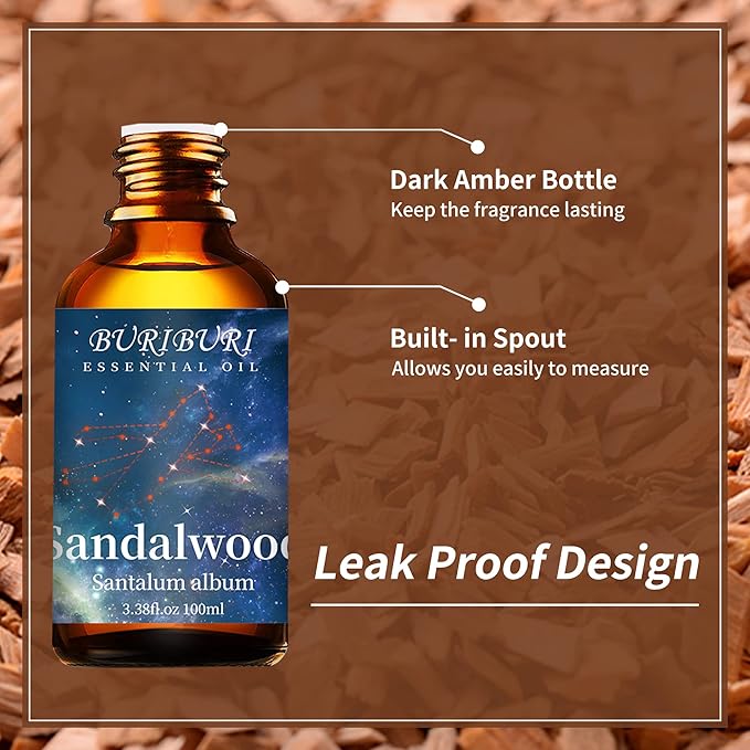 BURIBURI 100ML Sandalwood Essential Oil, 100% Pure Undiluted Aromatherapy Sandalwood Oil 3.38fl.oz