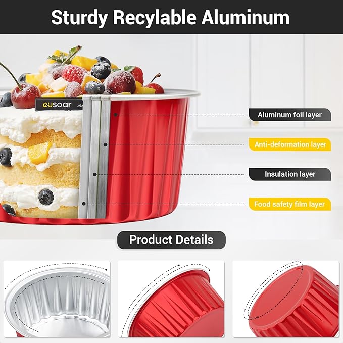 EUSOAR Cupcake Liners Aluminum with Lids, 100Pcs 5oz 125ml Aluminum Foil Muffin Liners Cups
