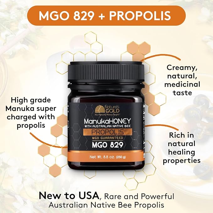 Nature’s Gold Raw Manuka Honey with Australian Native Bee Propolis, MGO 829+ | 8.8oz (250g), 100%