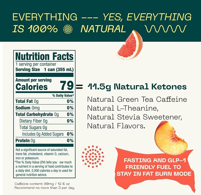 KEY Ketone Energy Drink : Sugar Free, 80mg Low Caffeine, All Natural, 11.5g Ketones, Long Lasting