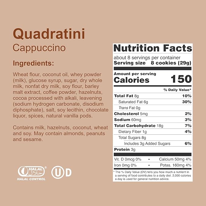 Loacker Quadratini Cappuccino Wafer Cookies LARGE - Premium Crispy Bite Size Wafers - 30% Less