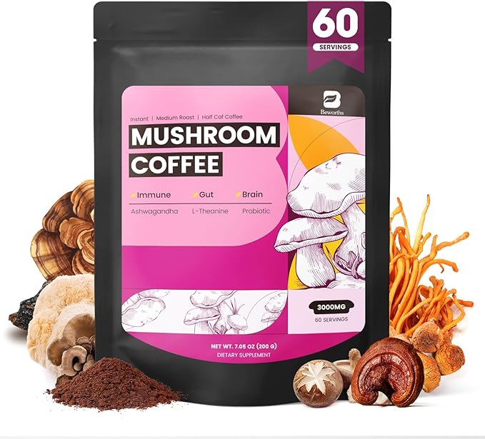 B BEWORTHS Mushroom Coffee, Slim Mushrooms Coffee Powder with Ashwagandha, Prebiotics, L-theanine