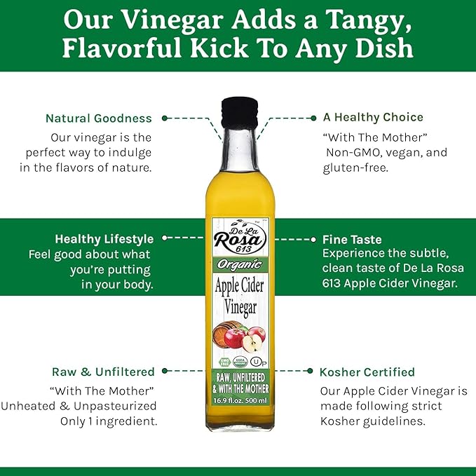 De La Rosa Organic Apple Cider Vinegar, Raw & Unfiltered, Kosher for Passover, Vegan & Gluten Free