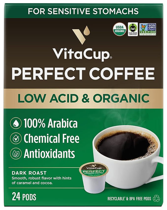 VitaCup Perfect Low Acid Coffee Pods, USDA Organic & Fair Trade, Mycotoxin Free, Dark Roast