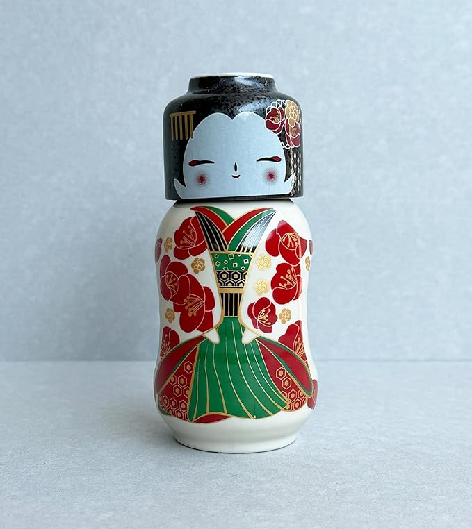 Japanese Traditional Kokeshi Design Sake Wine Soju Ceramic Set with 1 Ochoko Cup and 1 Tokkuri