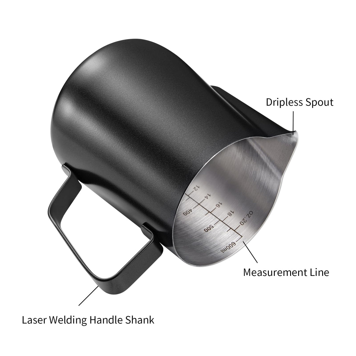 2 Pack Matte Black Milk Frothing Pitcher, 12oz/350ml & 20oz/600ml Espresso Steaming Pitcher