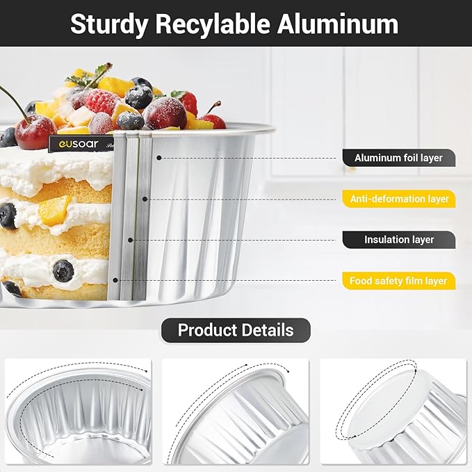 EUSOAR Muffin Cupcake Liners for Baking, 50pcs 5oz 125ml Disposable Ramekins, Aluminum Foil Muffin