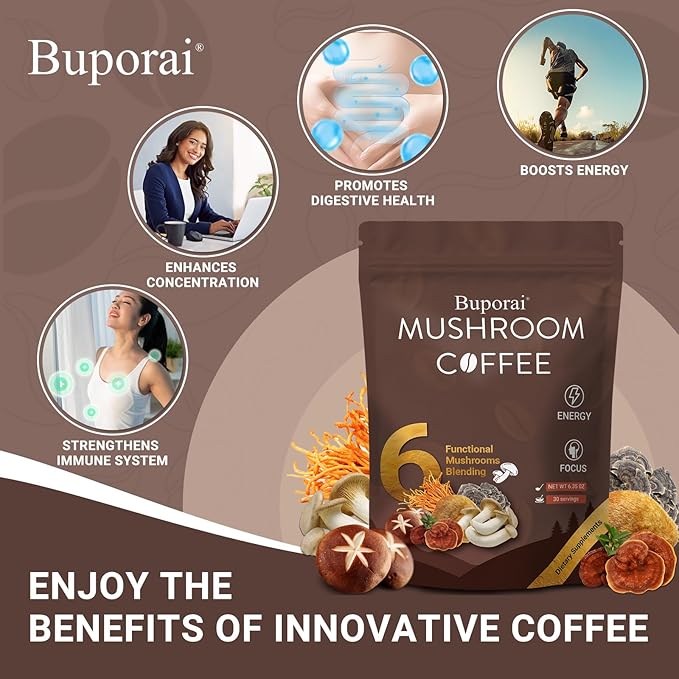 Mushroom Coffee, Instant Mushroom Coffee with 6 Mushrooms Lion’s Mane, Cordyceps, Turkey Tail &