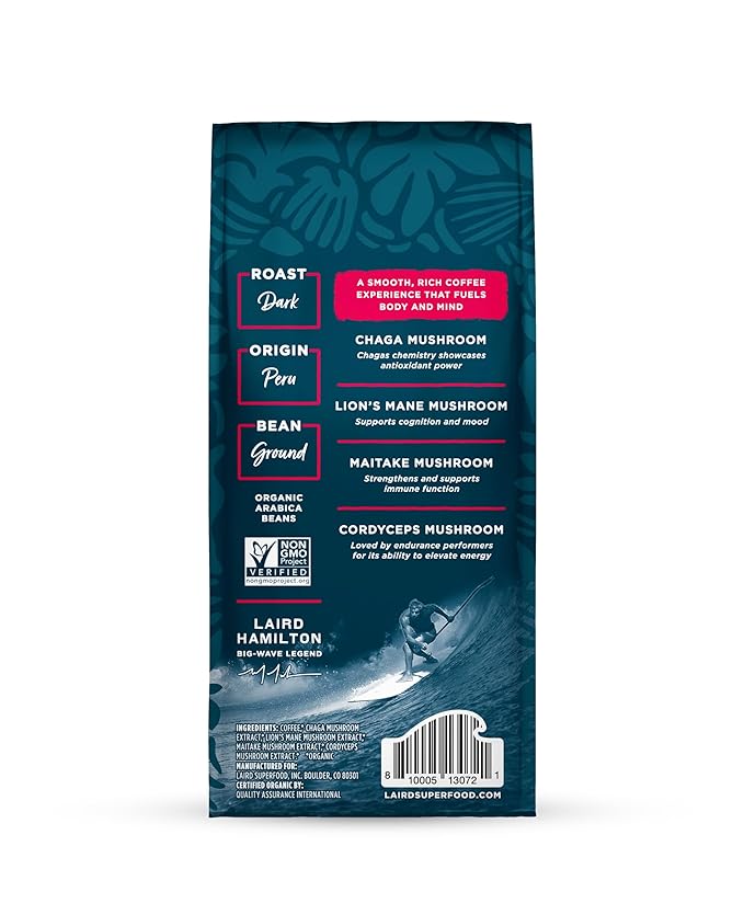 Laird Superfood Peruvian Dark Roast Coffee with Functional Mushrooms, Certified Organic Peruvian