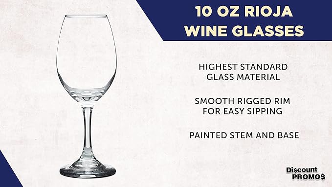 DISCOUNT PROMOS Rioja Wine Glasses with Stem 10 oz. Set of 10, Bulk Pack - Color Bottom, Perfect