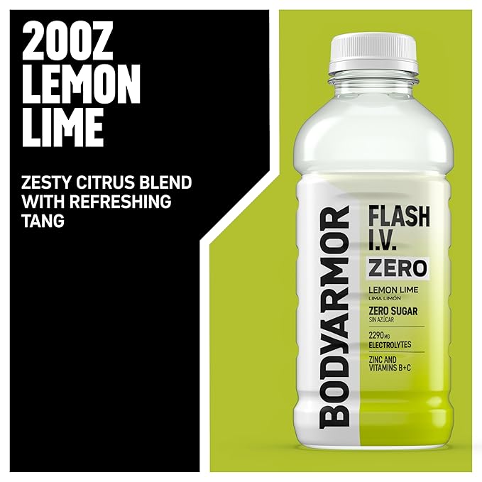 BODYARMOR Flash I.V. Zero Sugar Electrolyte Beverage, Lemon Lime, Hydration Drink For Rapid