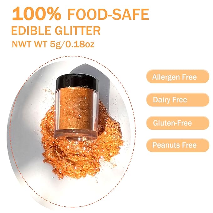 Orange Edible Glitter Glimmer Powder for Cakes Drinks - Colaele 5 grams Food Grade Luster Dust