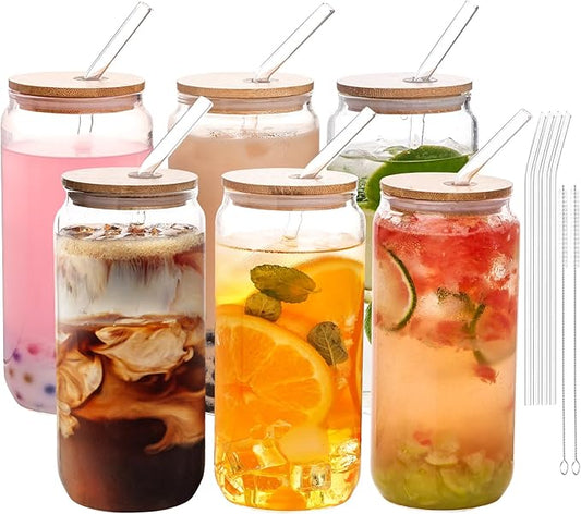 YUNCANG 6 Pack Bamboo Lid Glass Drinking Glasses with Glass Straw - 16-ounce Can Shaped Glassware