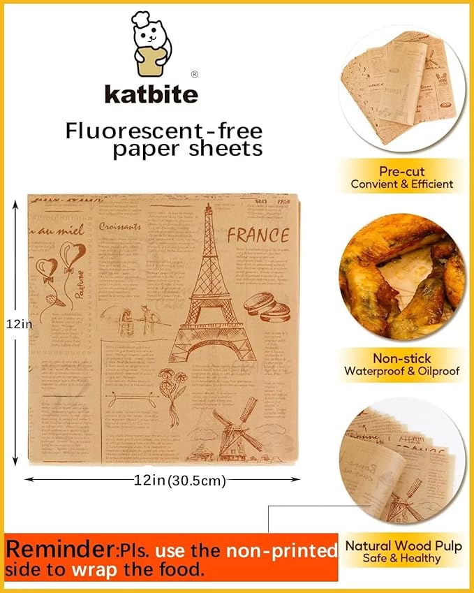 Katbite 100 Pcs Sandwich Wrapping Paper, 12x12 inch Food Basket Liners, Grease Proof & Non-stick