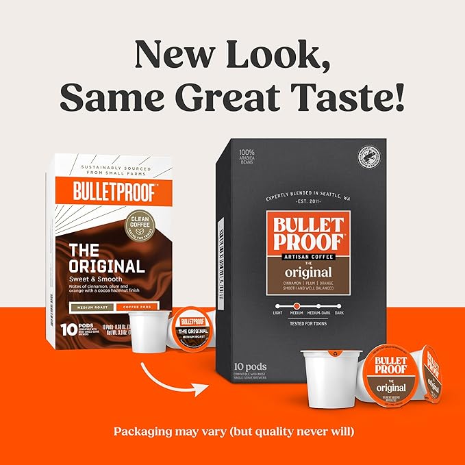 Bulletproof Original Medium Roast Single-Serve Pods, 10 Count, Arabica Beans, Clean Coffee Tested