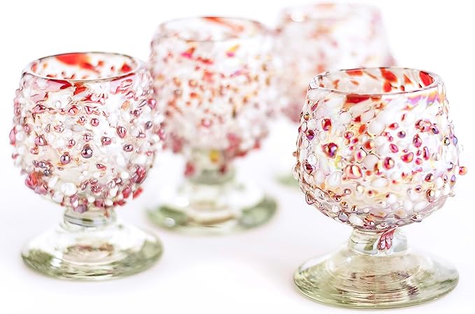 Authentic Mexican Tequila Shot Glasses (Set of 4) - Hand Blown 2oz Mini Snifters - Festive Red &