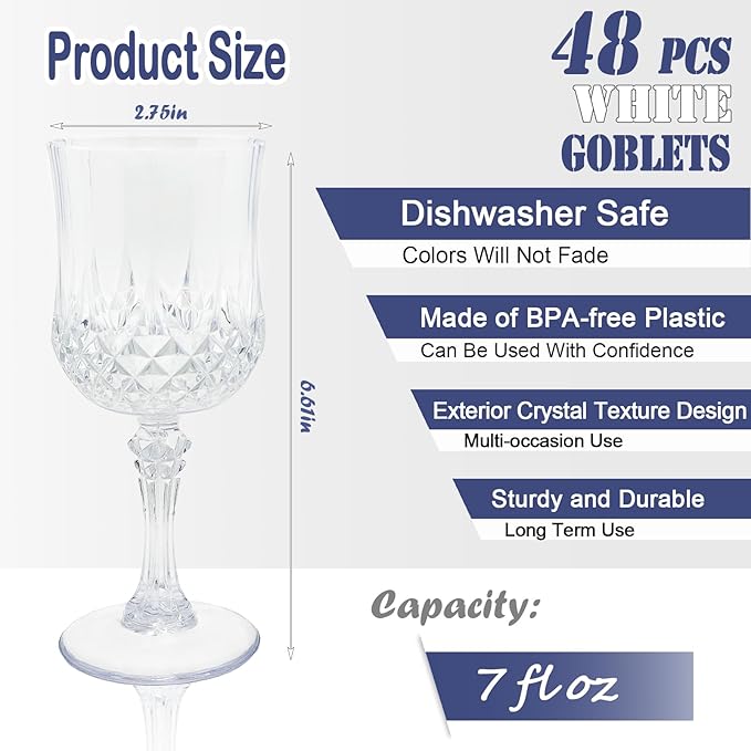 48 PCS Plastic Wine Glasses Clear,Reusable Plastic Wine Glasses,White Goblet Glass,Durable and