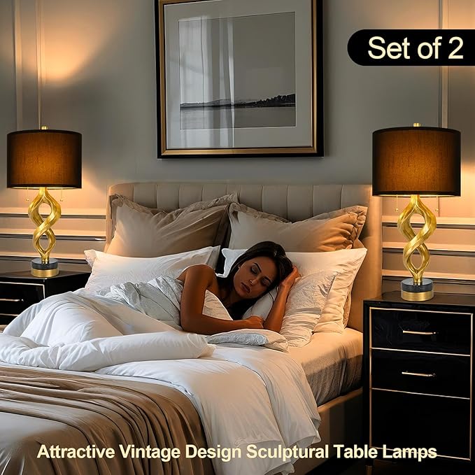 Sculptural Table Lamp Set of 2 for Bedroom, 26” Gold Leaf Farmhouse Bedside Lamps for Living Room