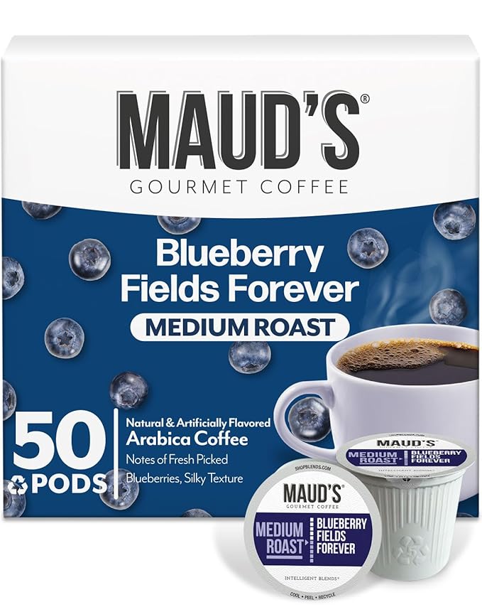 Maud's Blueberry Flavored Coffee Pods, 50 ct, Medium Roast Flavored Coffee in Recyclable Single