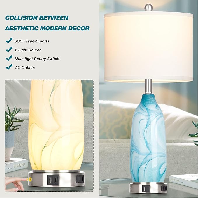 26" Coastal Table Lamps Set of 2, Modern Table Lamps with USB A+C Ports & AC Outlet, Touch Control