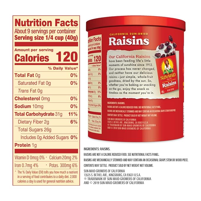 Sun-Maid California Sun-Dried Raisins - 13 oz Resealable Canister - Dried Fruit Snack for Lunches