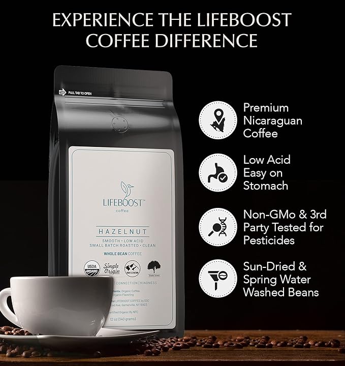 Lifeboost Hazelnut Whole Bean Coffee ??Organic, Low Acid, Non-GMO Hazelnut Flavored Coffee ??Single