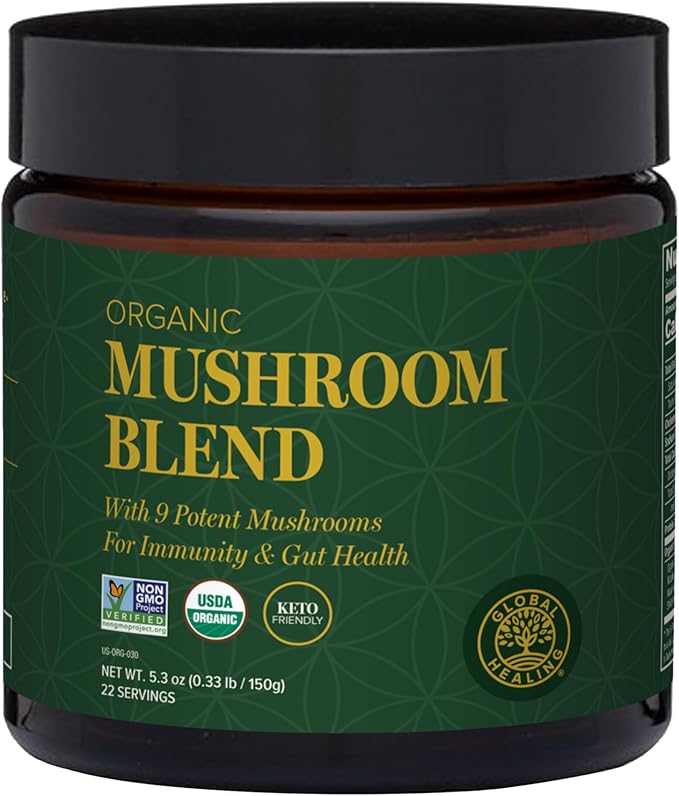 Global Healing Organic Mushroom Powder Supplement Blend 9.5 Ounces - Cordyceps, Chaga, Reishi
