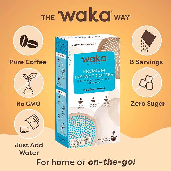 Waka Premium Instant Coffee Sachets — 100% Arabica Freeze Dried Beans — For Hot or Iced Coffee (8