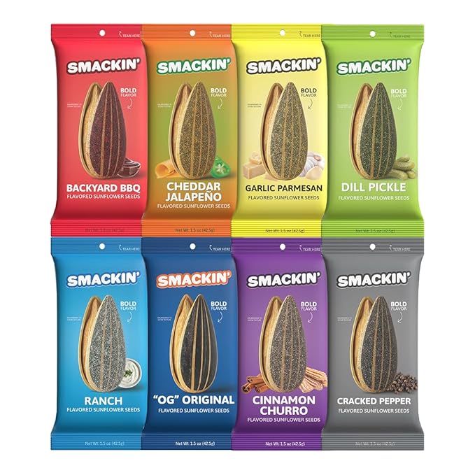 SMACKIN' Sunflower Seeds, Roasted Jumbo Small-Batch, American Made - 8 Flavor Variety. 1.5oz bags