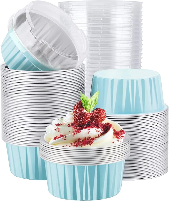 EUSOAR Cake Baking Cups, 100pcs 5oz 125ml Muffin Liners With Lids, Disposable Aluminum Ramekins