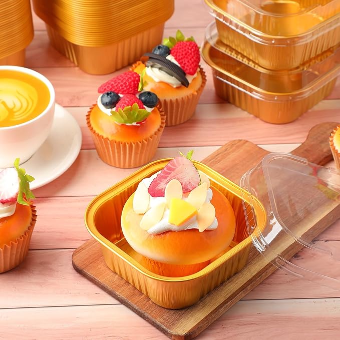 Aoriher 150 Pieces 10 oz Mini Cake Pans with Lids Aluminum Foil Baking Cups Square Disposable 4" x